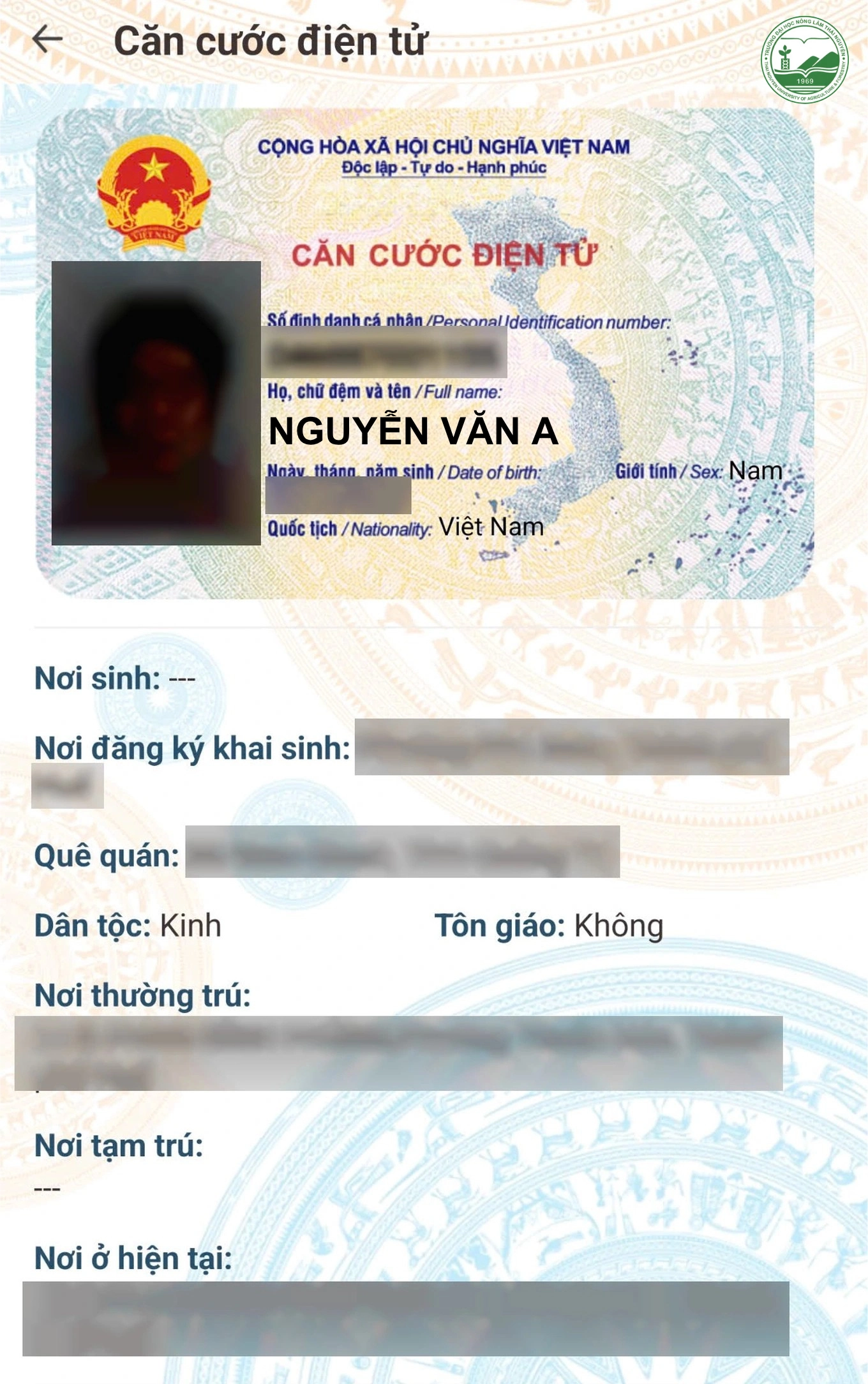 Thông tin về “Nơi đăng ký khai sinh”, “Quê quán”, “Nơi thường trú”, “Nơi ở hiện tại” được cập nhật thông tin mới.